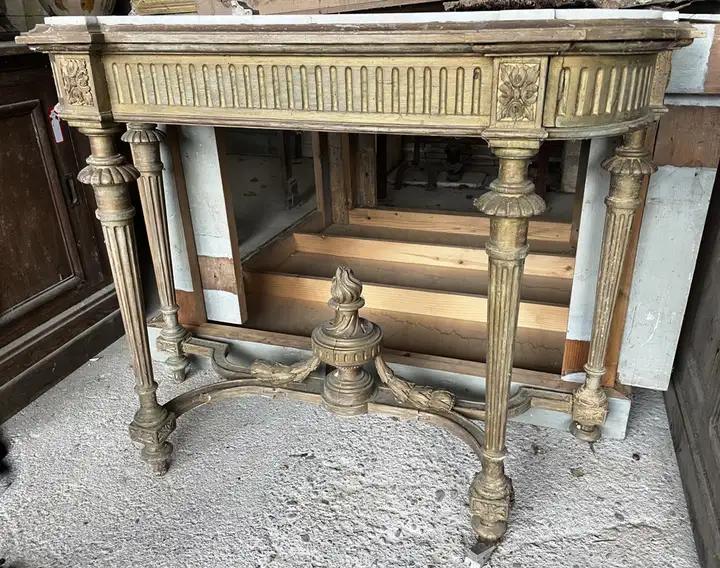 Ancienne console de couloir en bois doré et marbre