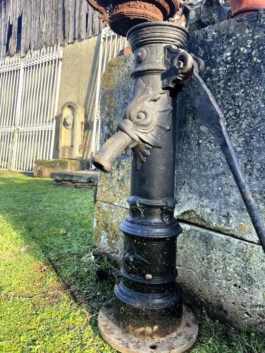 Ancienne pompe à bras en fonte décorée de feuillages entrelacés