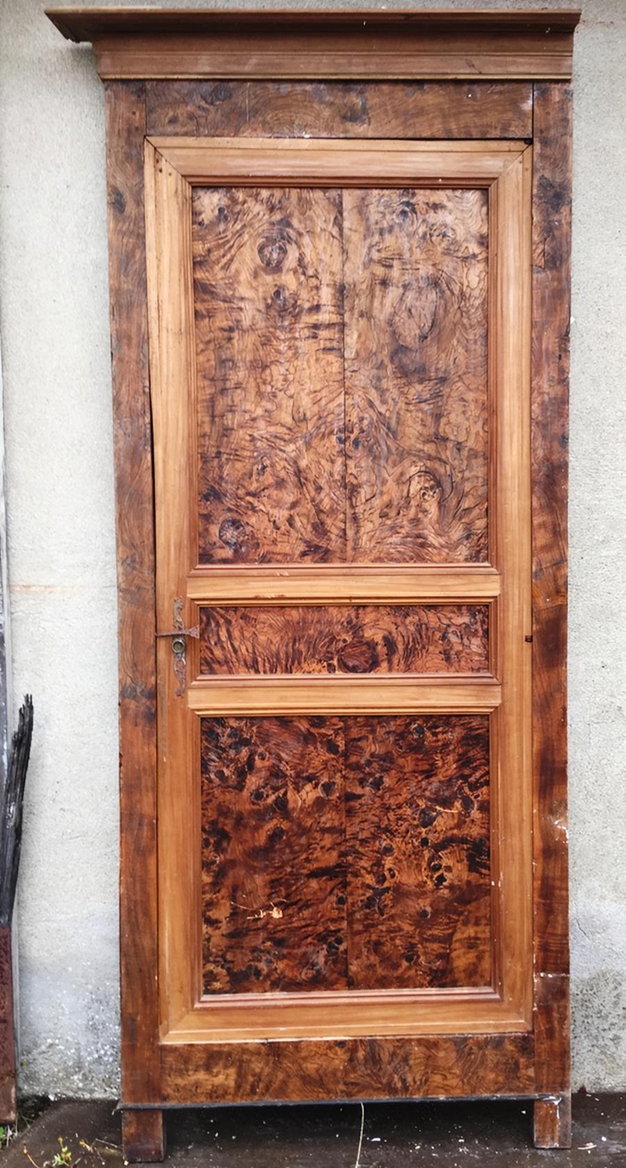 Placard composé d'une porte en loupe de frêne et ormeau ancien, de son cadre et de sa corniche
