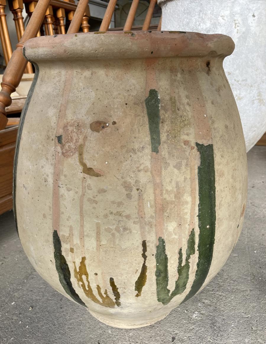 Grande poterie ancienne emaillée jaune et vert