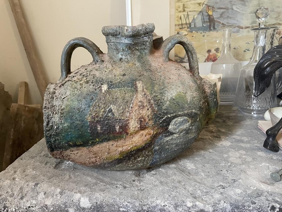 Ancienne poterie régionale en terre cuite vernissée vert et brun